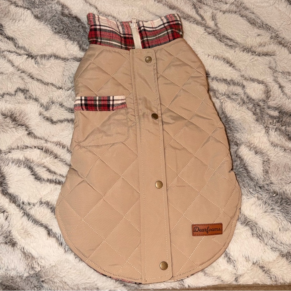 Dearfoams Tan Quilted Dog Coat with Plaid Trim